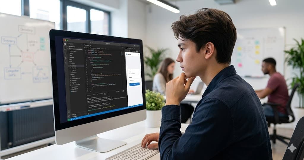 Young person building with AI tools in a modern office